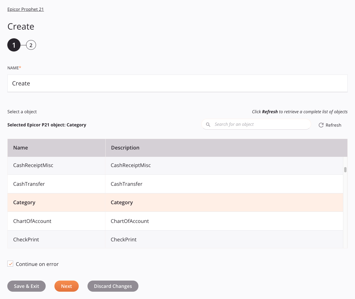 Epicor Prophet 21 Create activity configuration step 1