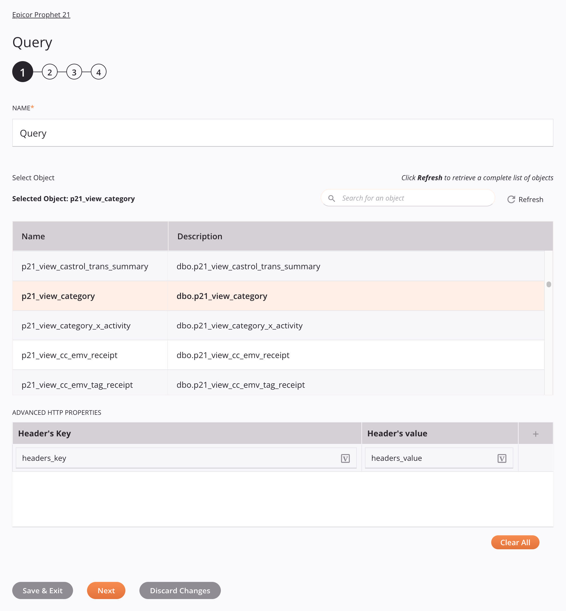 Paso 1 de configuración de la actividad de consulta de Epicor Prophet 21