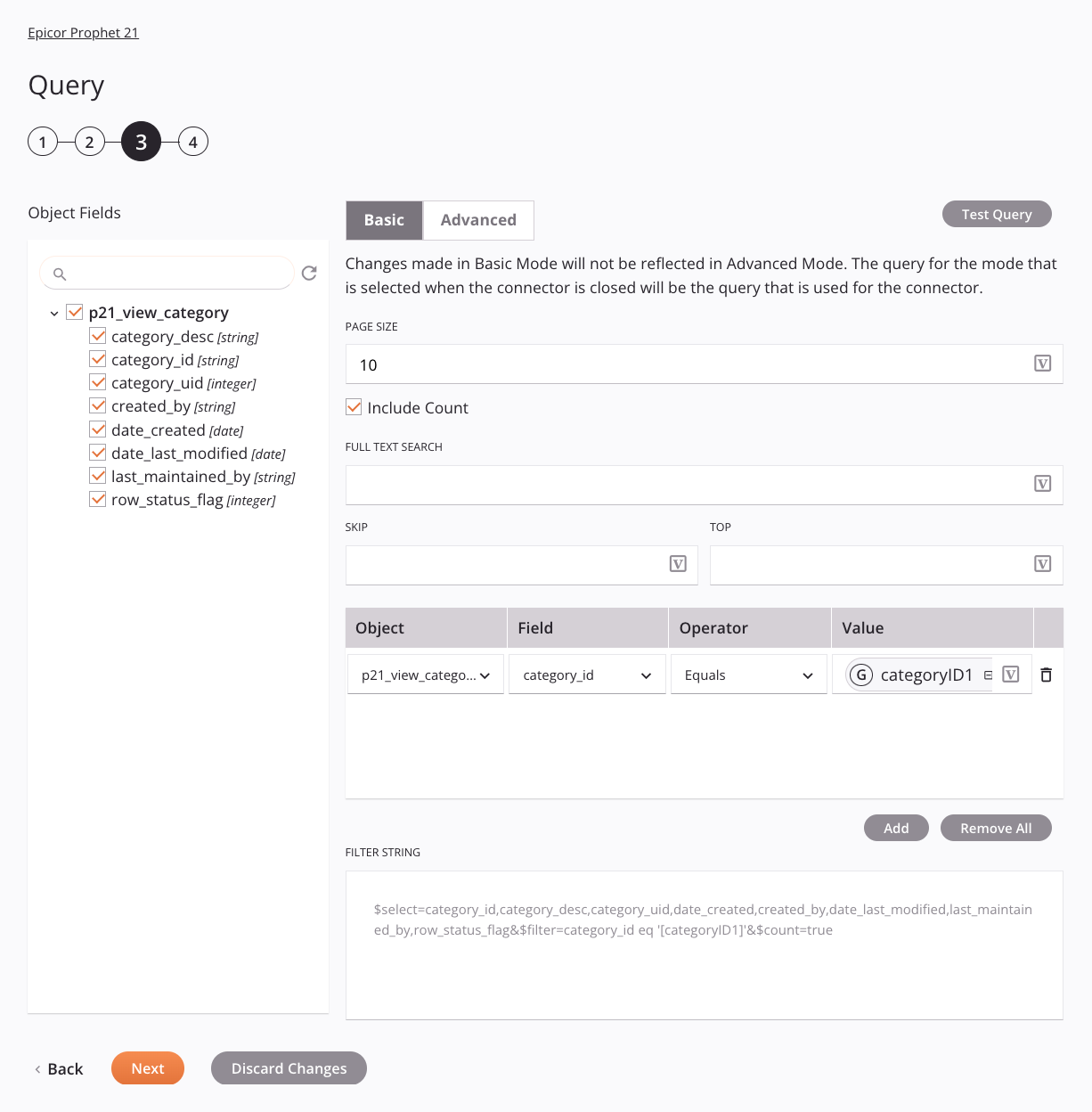 Paso 3 de configuración básica de la actividad de consulta de Epicor Prophet 21