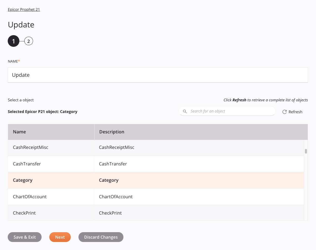 Epicor Prophet 21 Update activity configuration step 1