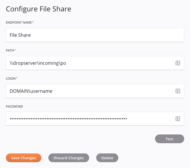 Configuração de conexão de compartilhamento de arquivos