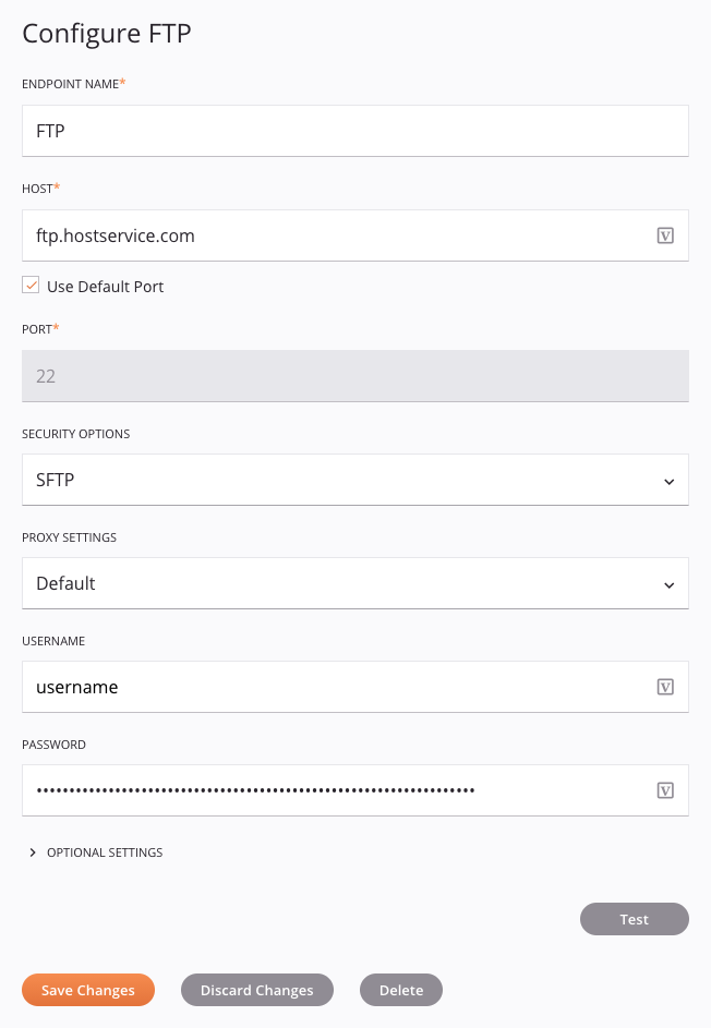 Configuração de conexão FTP