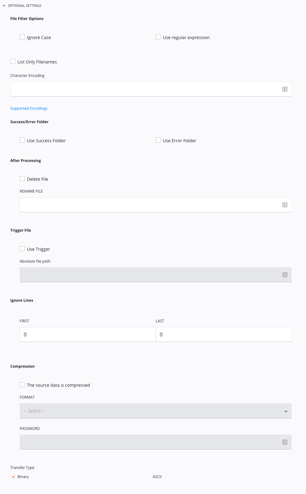 configurações opcionais da atividade de leitura de FTP 1