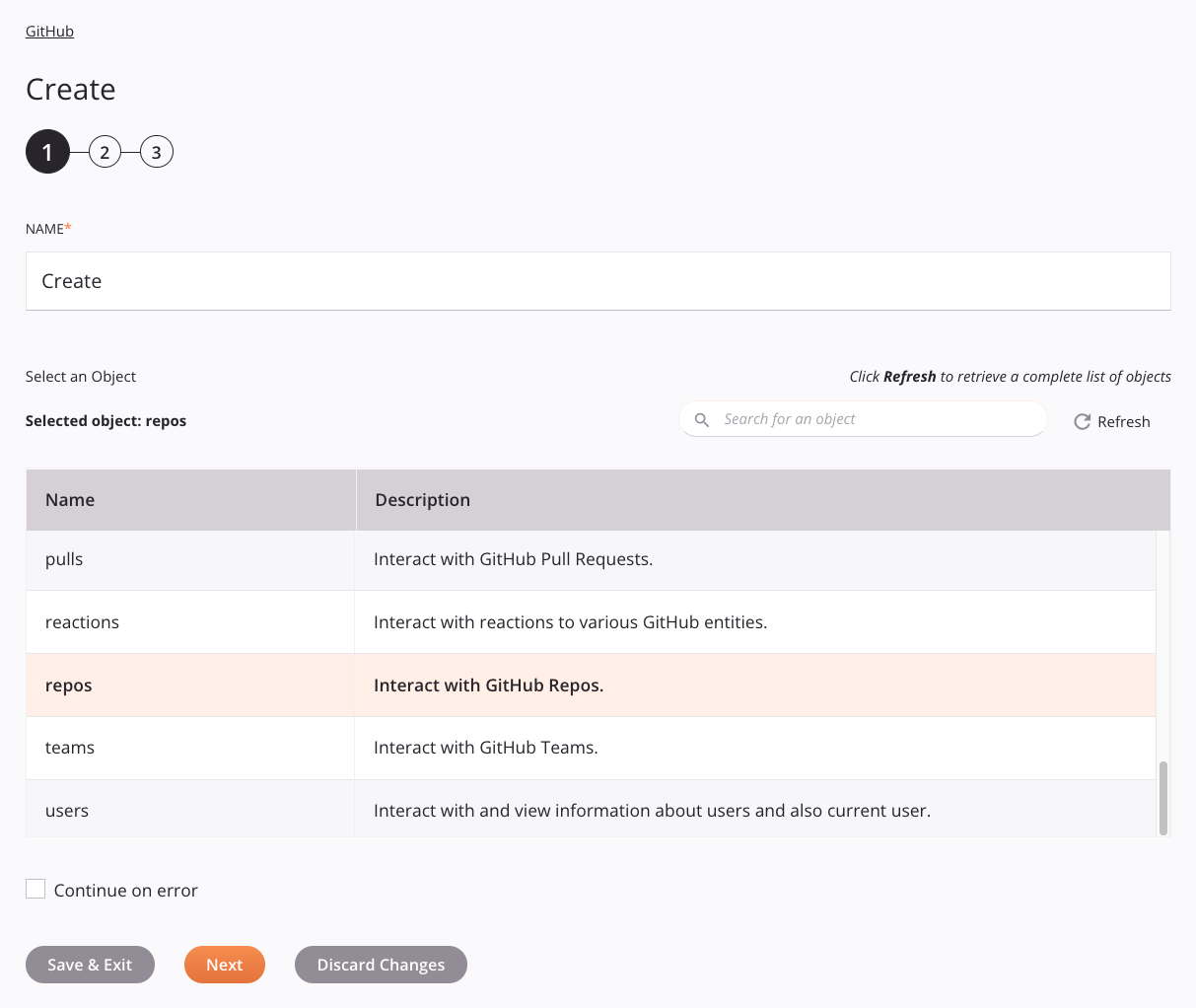 Paso 1 de configuración de actividad de creación de GitHub