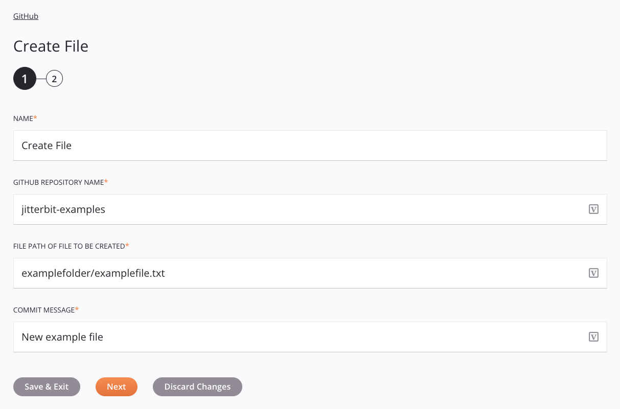 GitHub Create File activity configuration step 1