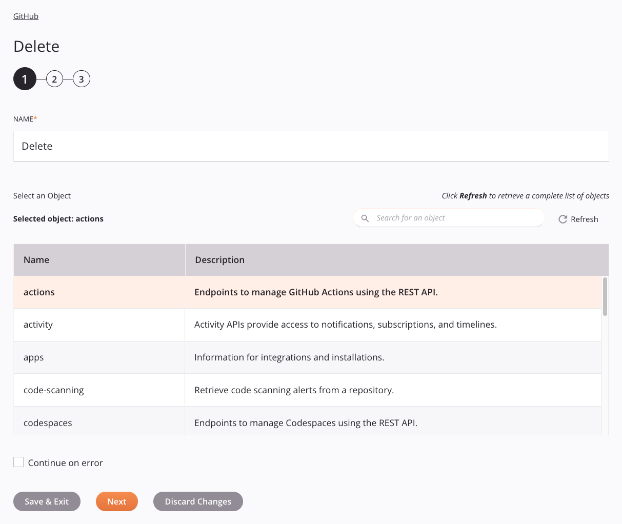 Paso 1 de configuración de actividad de eliminación de GitHub