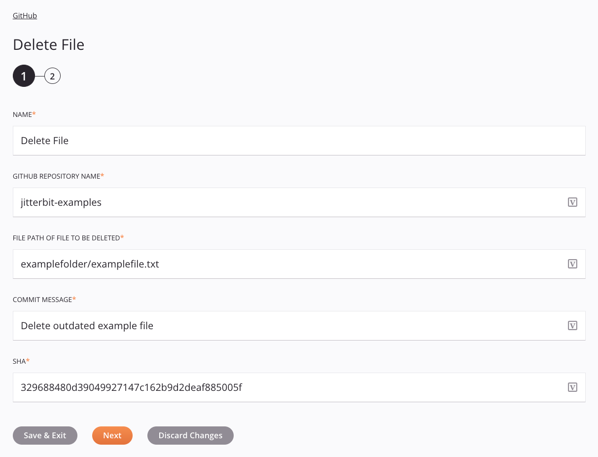 GitHub Delete File activity configuration step 1