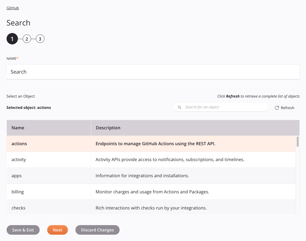 Paso 1 de configuración de la actividad de búsqueda de GitHub