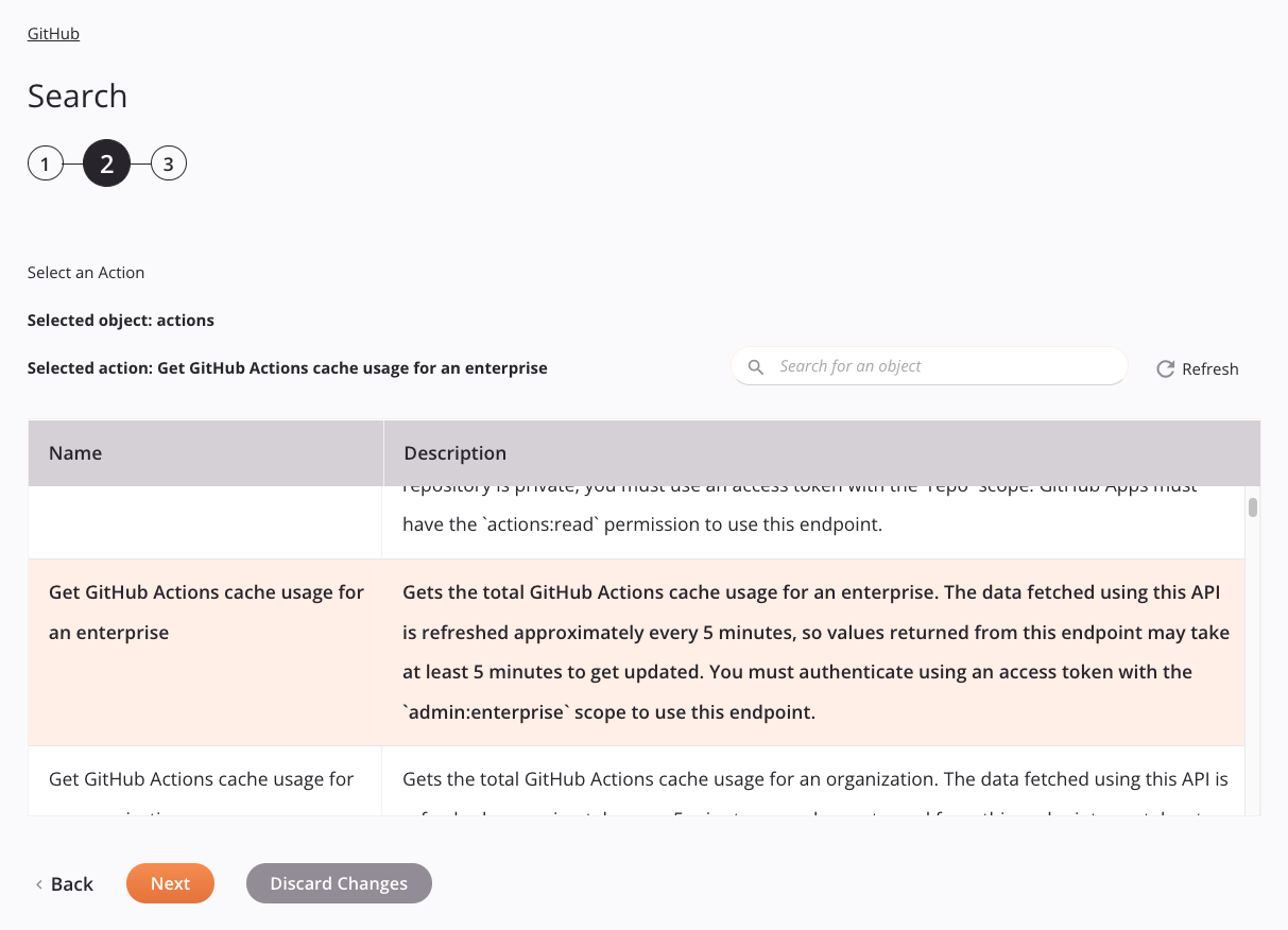 Paso 2 de configuración de la actividad de búsqueda de GitHub