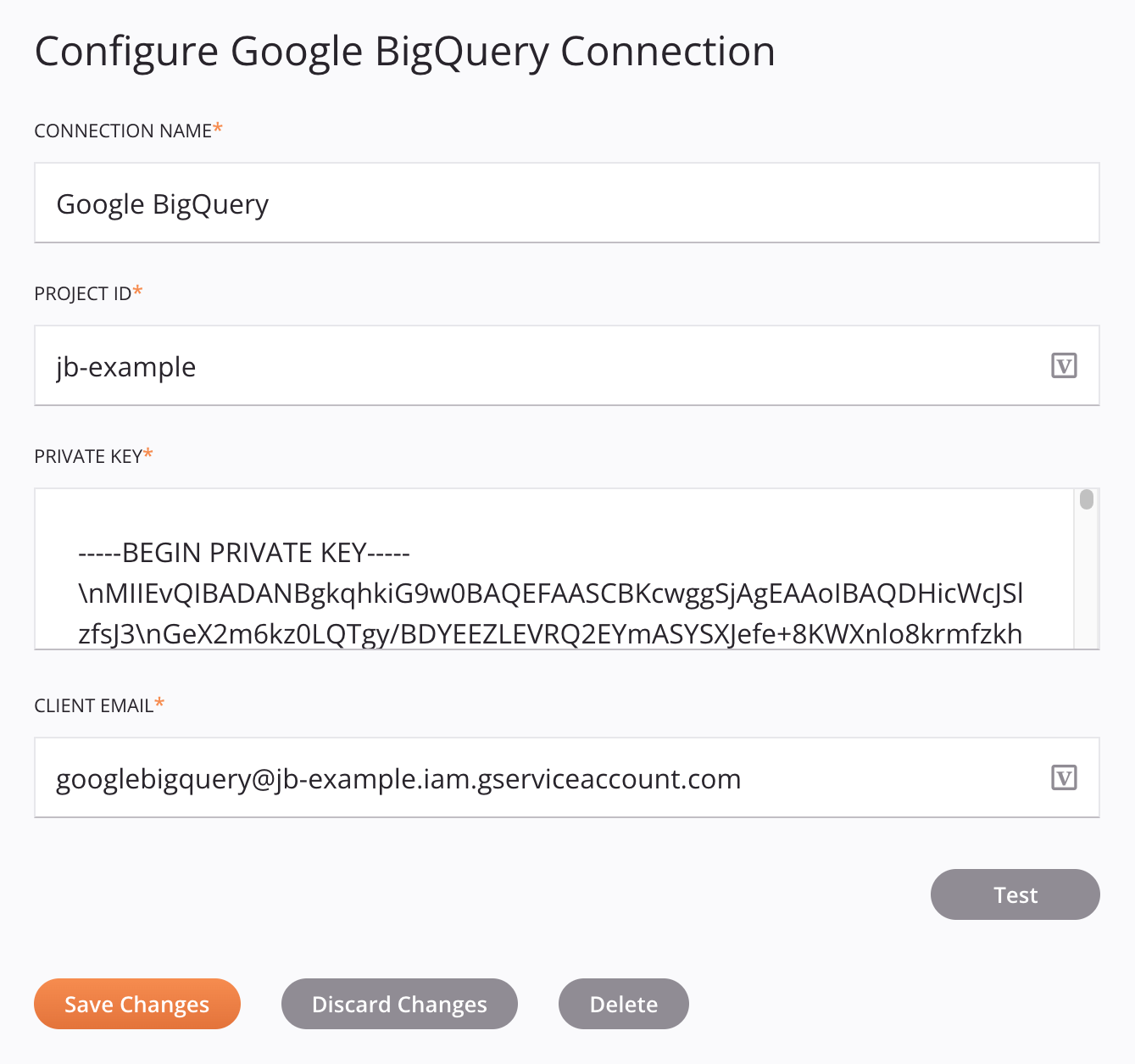 Configuração de conexão do Google BigQuery