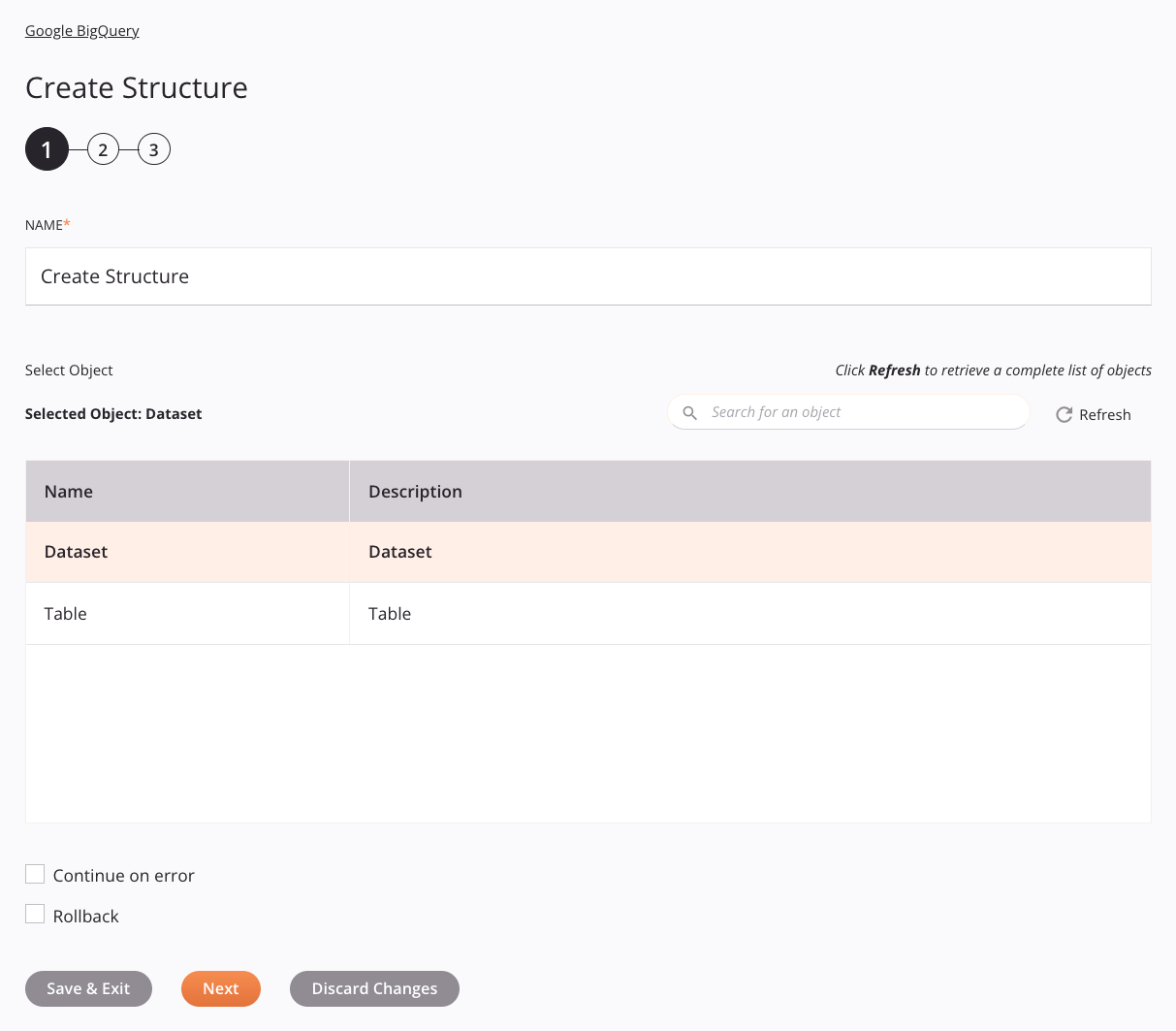 Etapa 1 da configuração da atividade de criação de estrutura do Google BigQuery