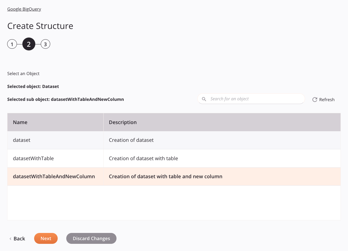 Paso 2 de configuración de actividad de creación de estructura de Google BigQuery