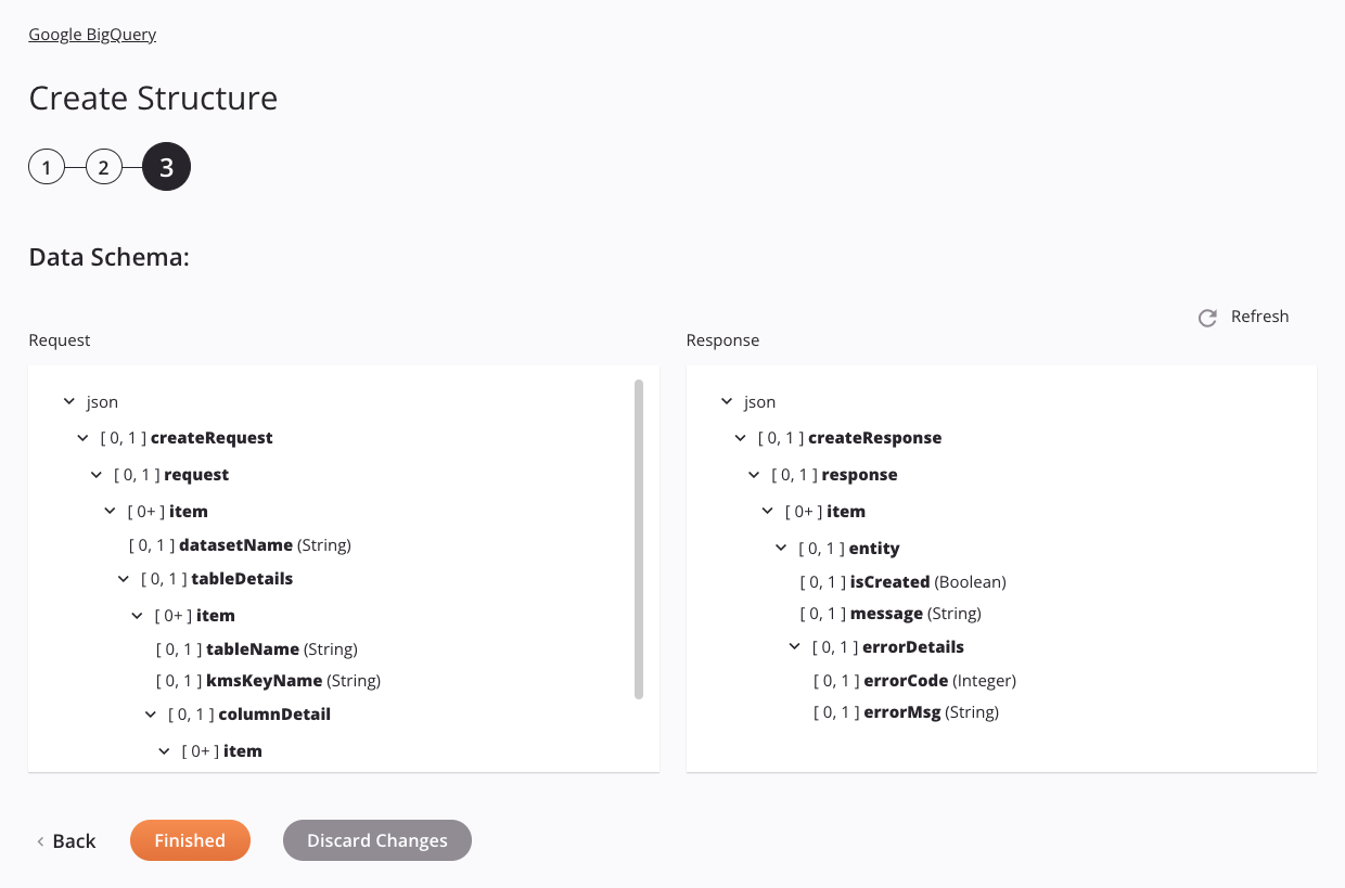 Paso 3 de configuración de actividad de creación de estructura de Google BigQuery