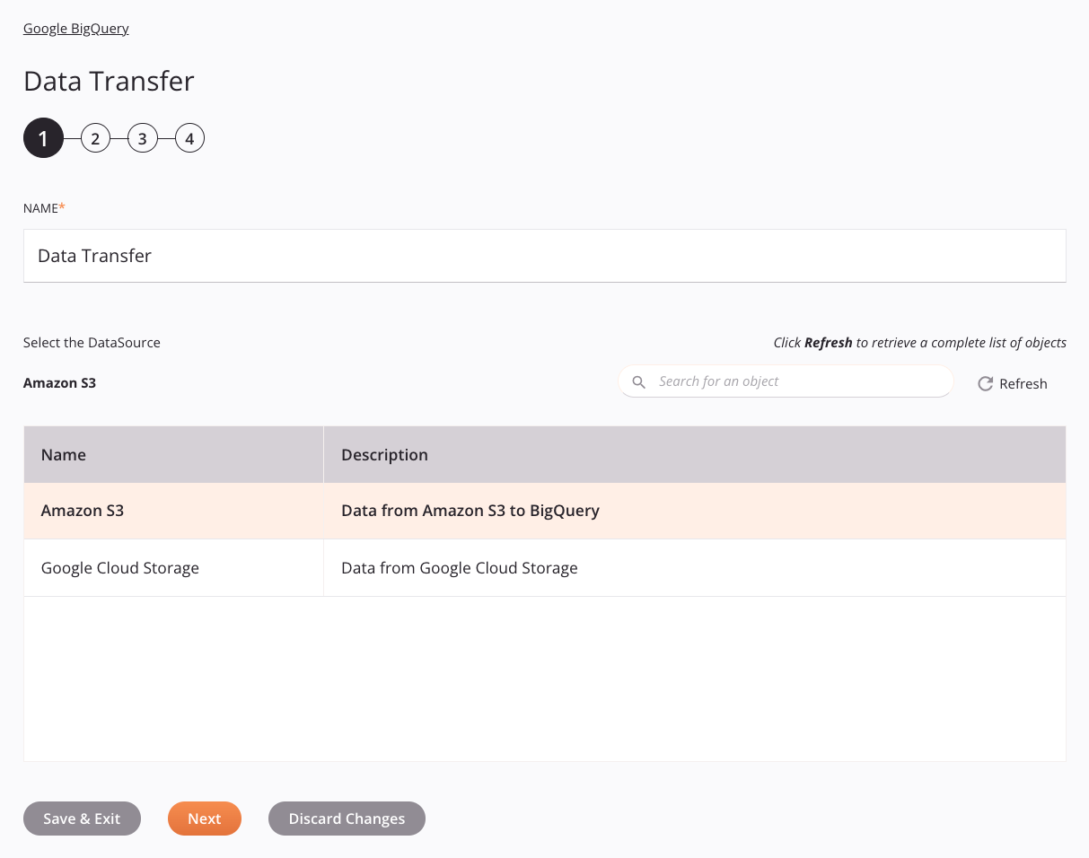 Paso 1 de configuración de la actividad de transferencia de datos de Google BigQuery