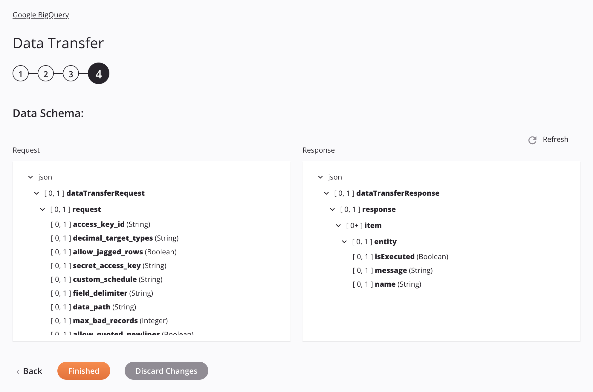 Paso 4 de configuración de la actividad de transferencia de datos de Google BigQuery