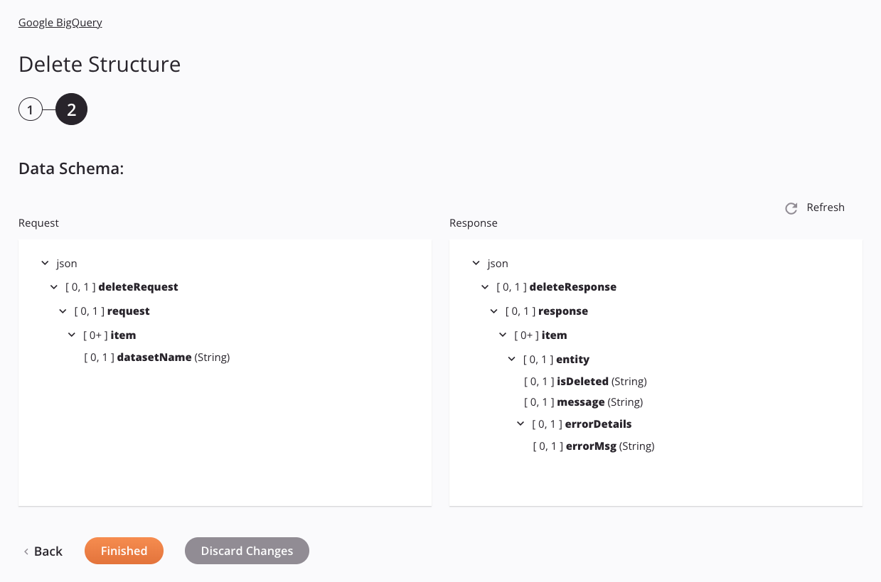 Etapa 2 da configuração da atividade de exclusão da estrutura do Google BigQuery