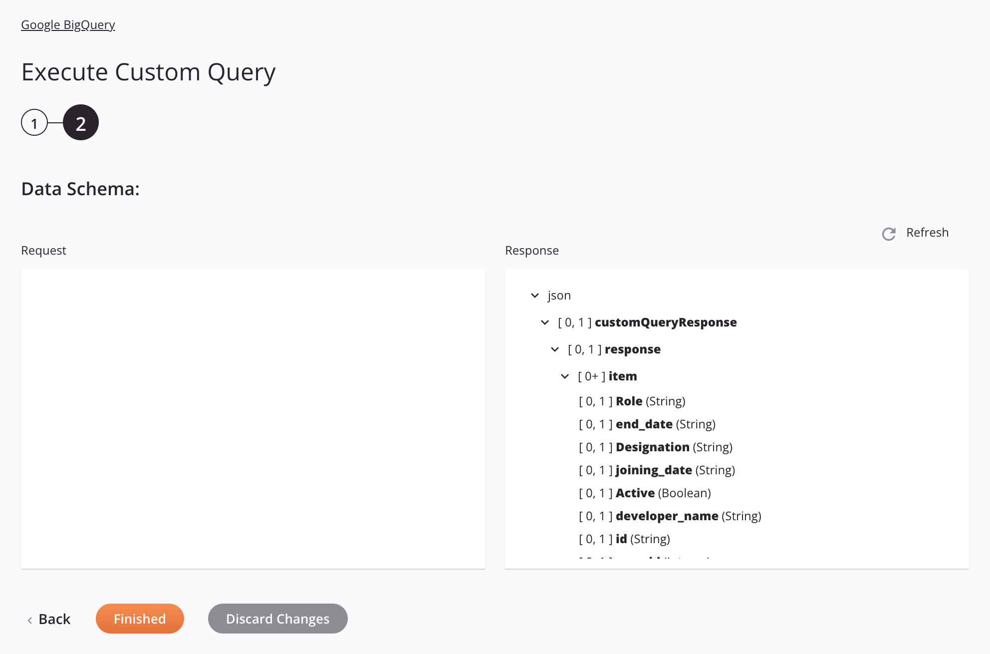 Paso 2 de configuración de actividad de consulta personalizada de ejecución de Google BigQuery