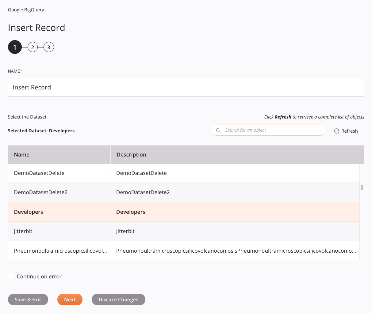 Paso 1 de configuración de actividad de inserción de registro de Google BigQuery