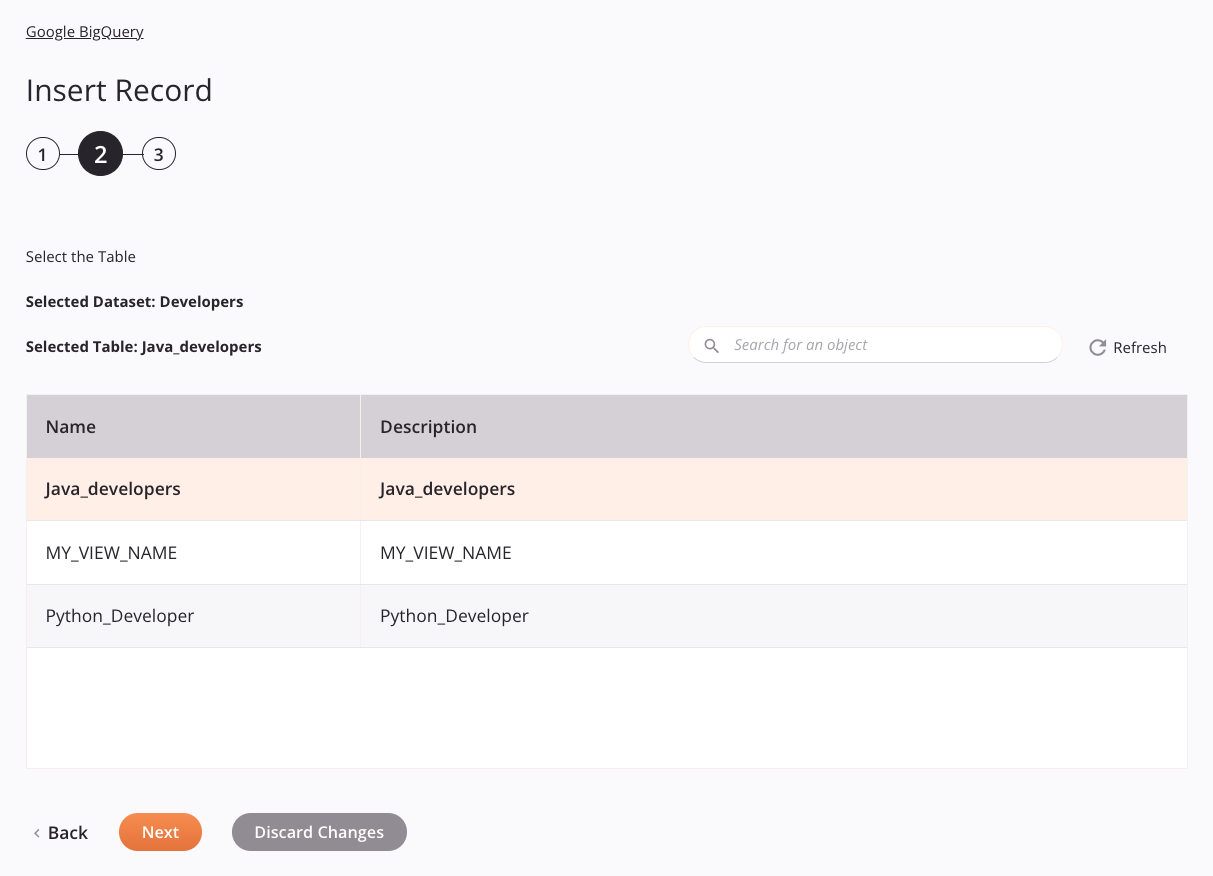 Paso 2 de configuración de actividad de inserción de registro de Google BigQuery