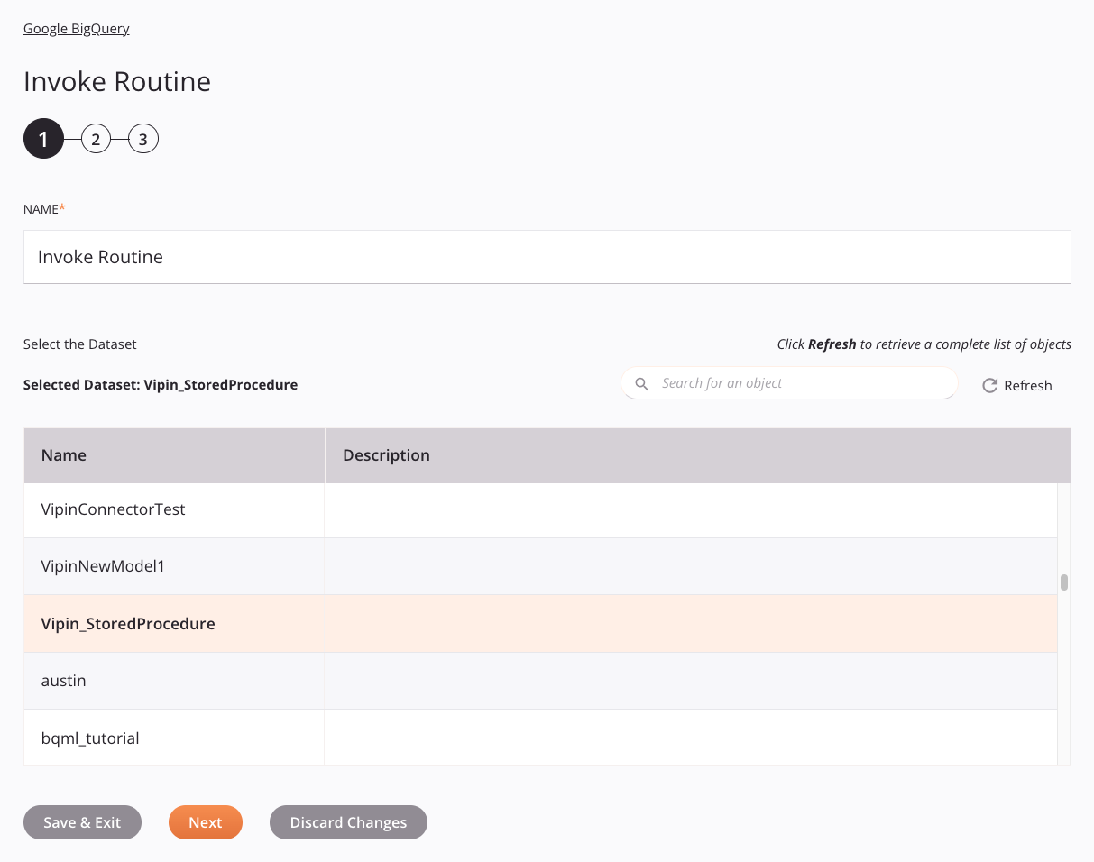 Etapa 1 da configuração da atividade de rotina de chamada do Google BigQuery