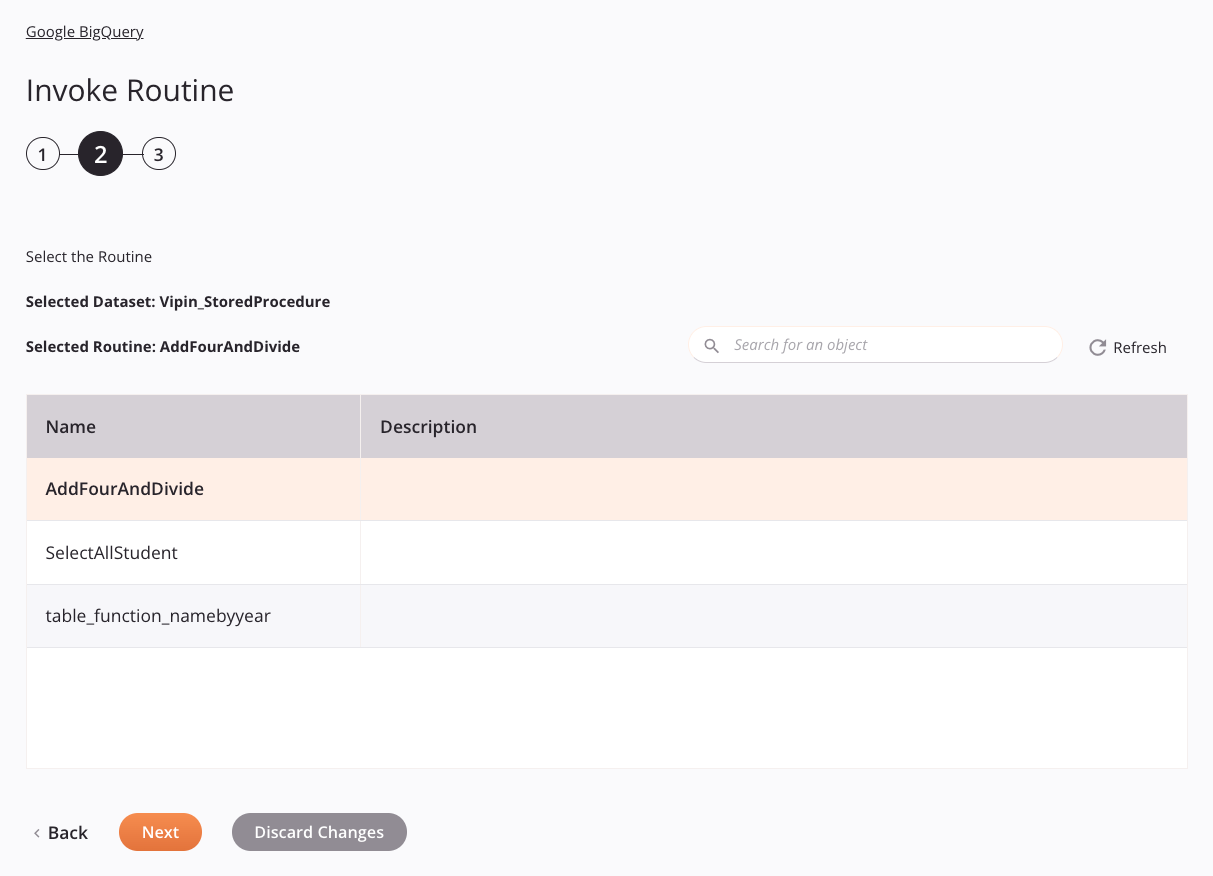 Paso 2 de configuración de la actividad de rutina de invocación de Google BigQuery