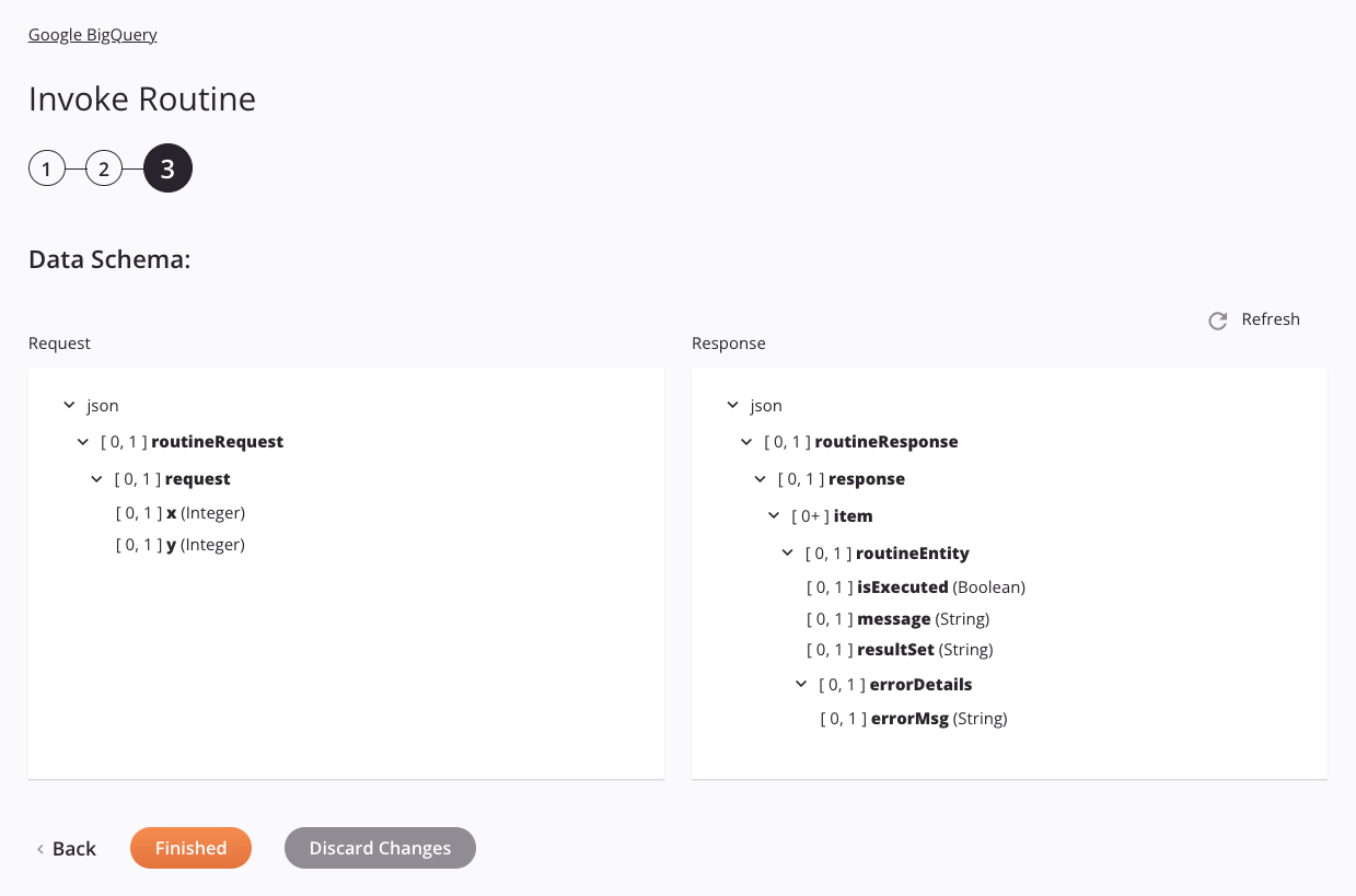 Etapa 3 da configuração da atividade de rotina de chamada do Google BigQuery