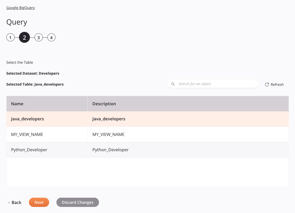 Etapa 2 da configuração da atividade de consulta do Google BigQuery