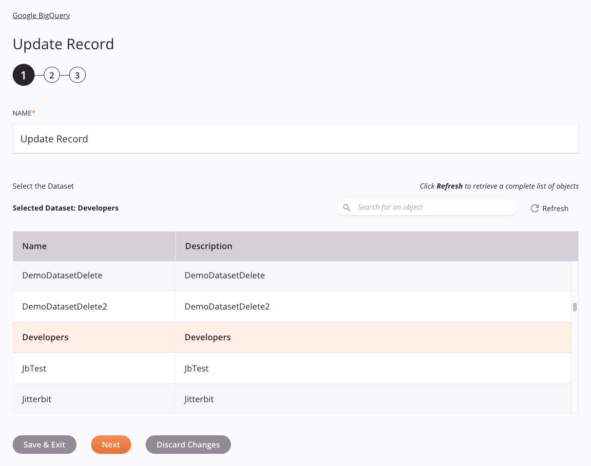 Paso 1 de configuración de actividad de registro de actualización de Google BigQuery