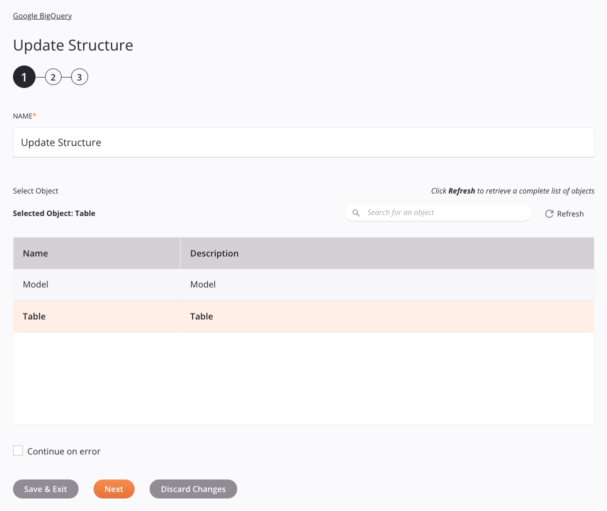 Google BigQuery Update Structure activity configuration step 1