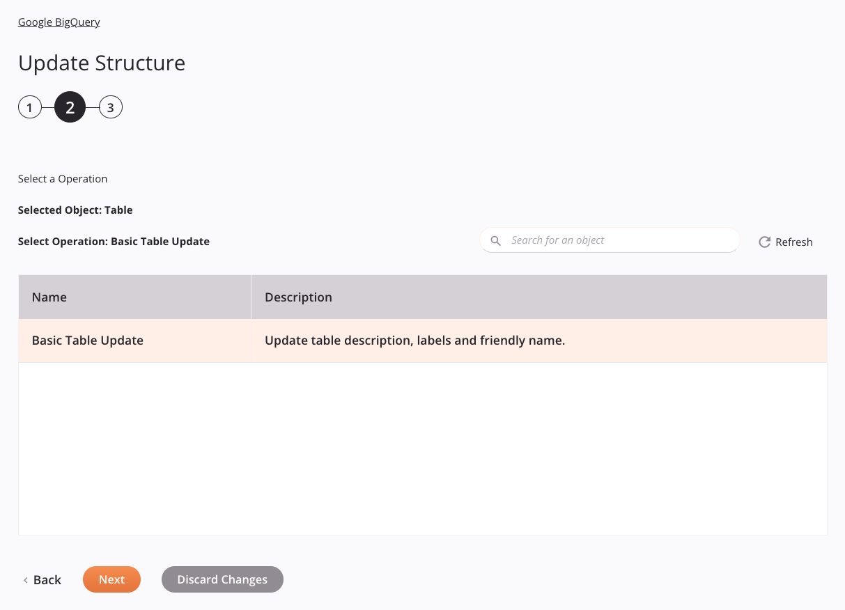 Etapa 2 da configuração da atividade da estrutura de atualização do Google BigQuery