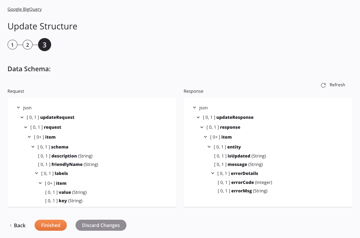 Paso 3 de configuración de la actividad de la estructura de actualización de Google BigQuery