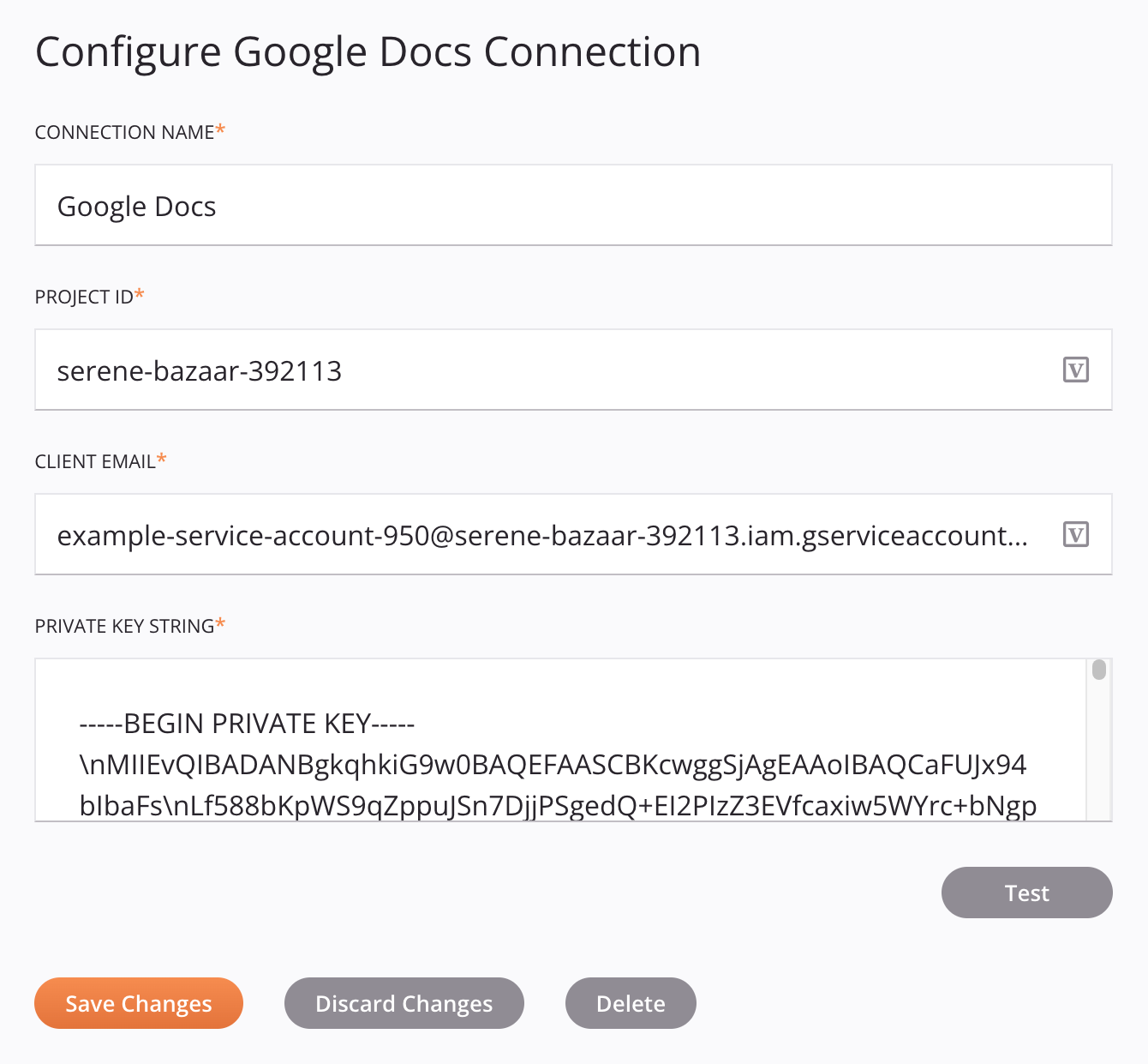 Configuración de conexión de Google Docs