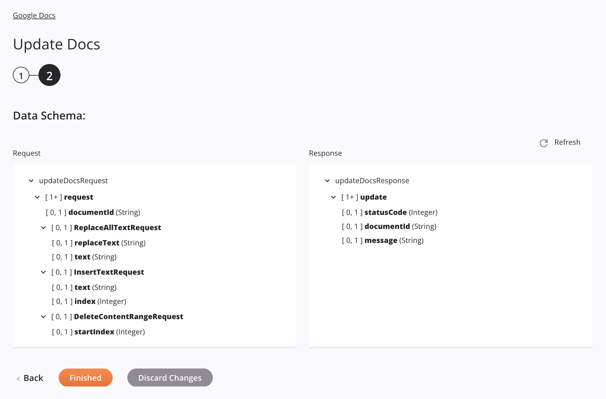 Google Docs Update Docs activity configuration step 2