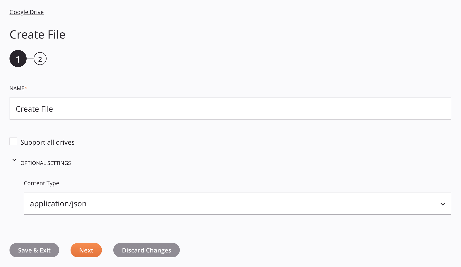 Google Drive Create File activity configuration step 1