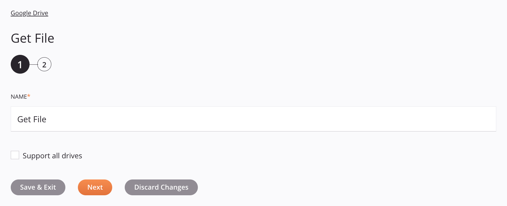 Google Drive Get File activity configuration step 1