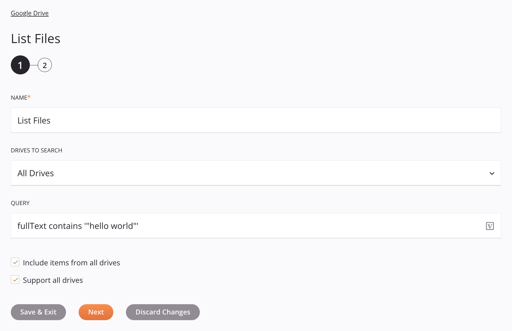 Google Drive List Files activity configuration step 1
