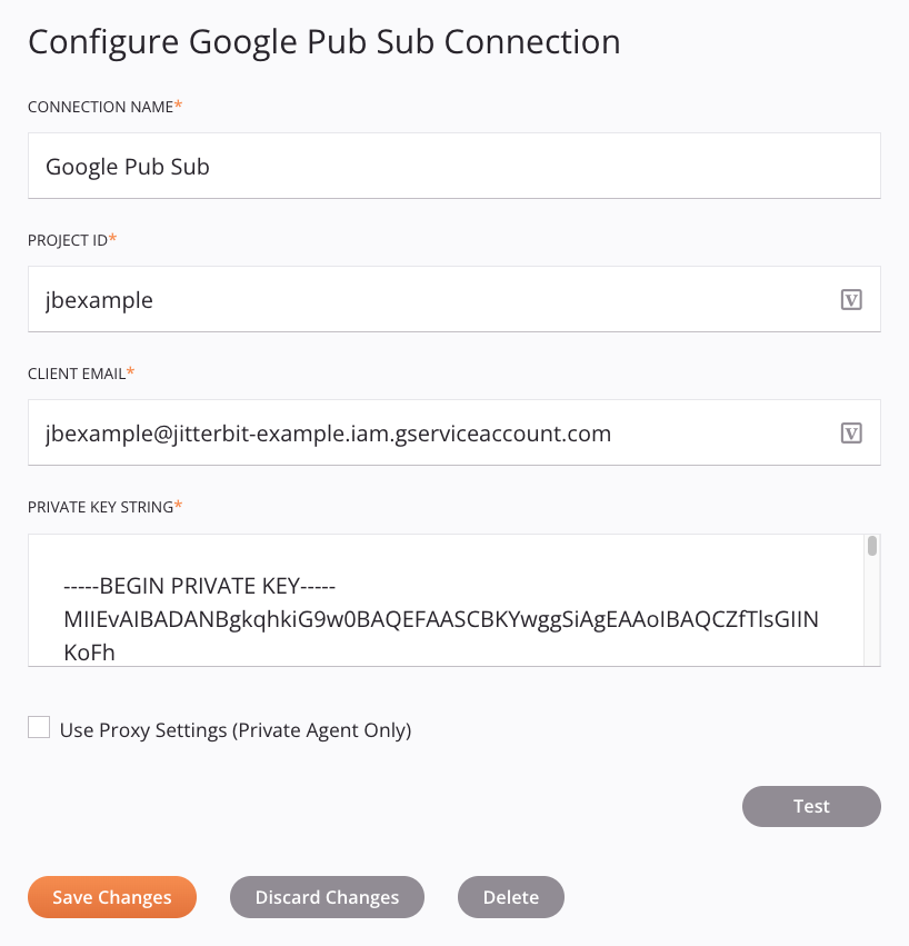 Configuración de la conexión de Google Pub Sub