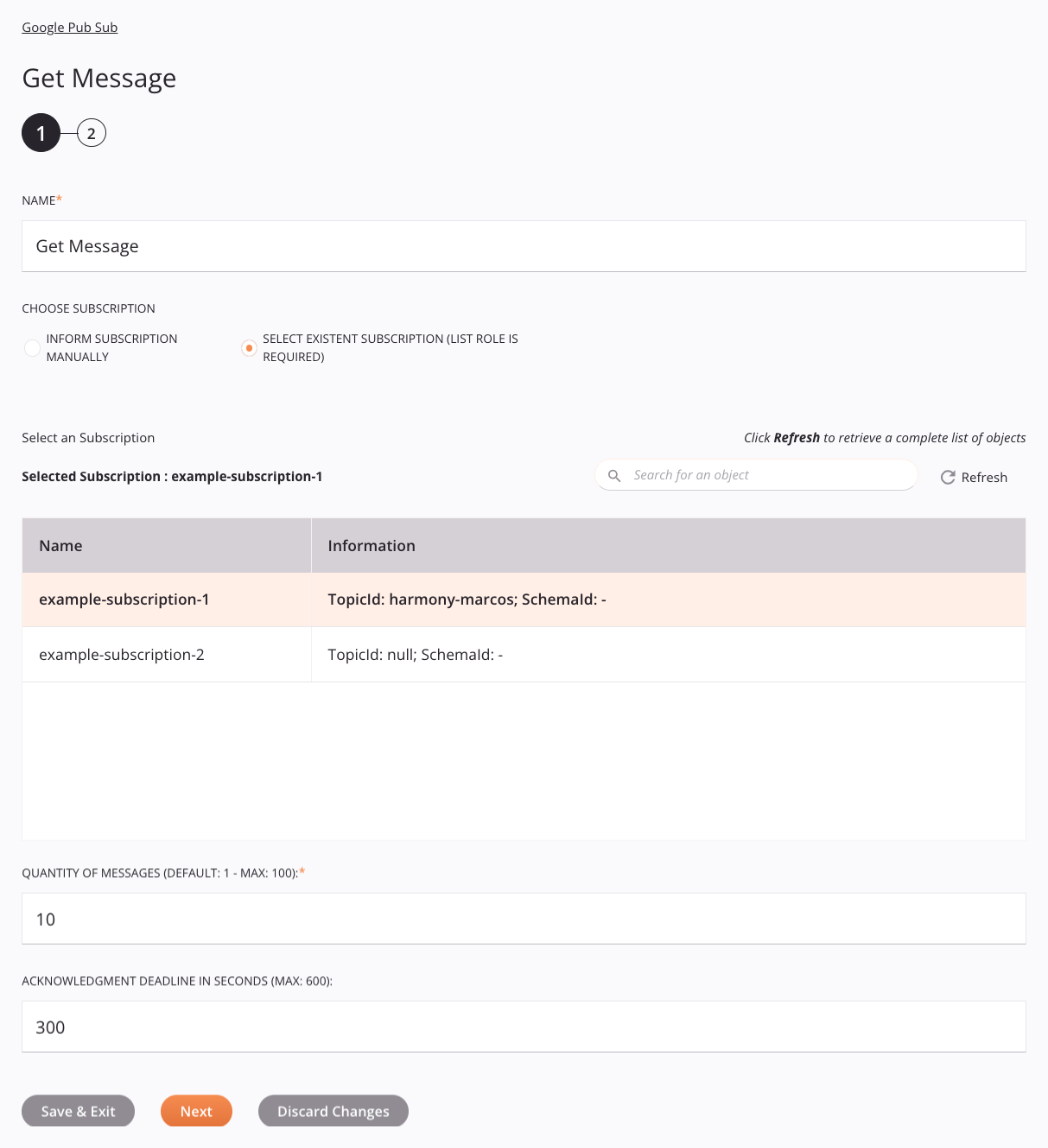 Lista del paso 1 de configuración de actividad de mensajes de obtención de Google Pub Sub