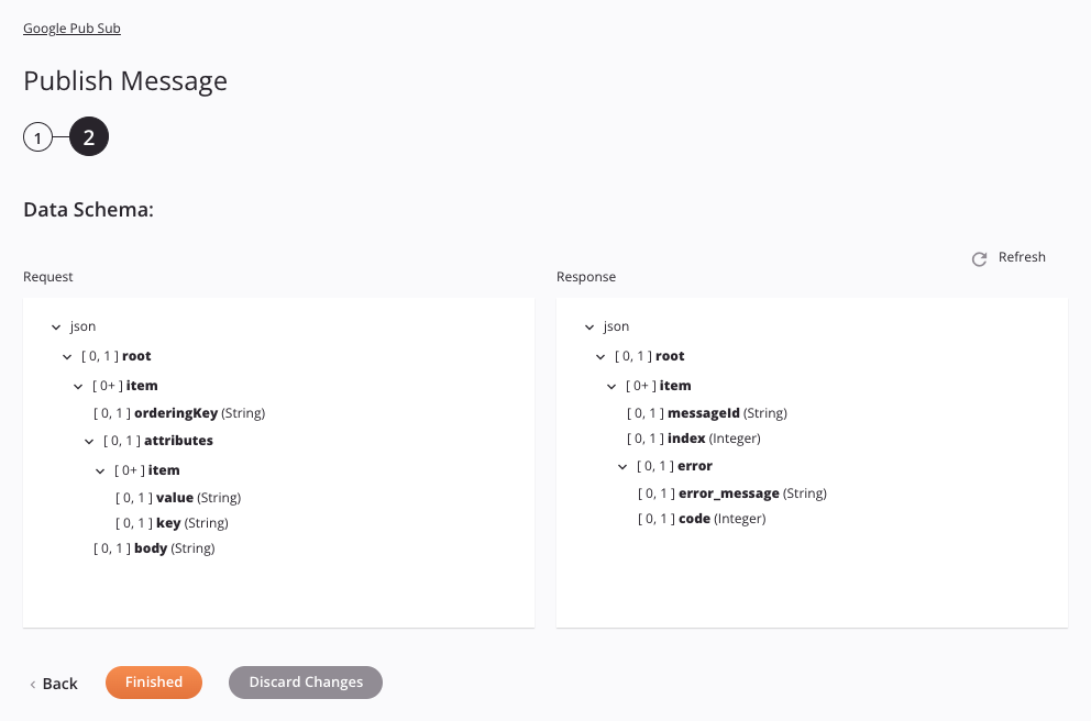 Google Pub Sub Publish Message activity configuration step 2