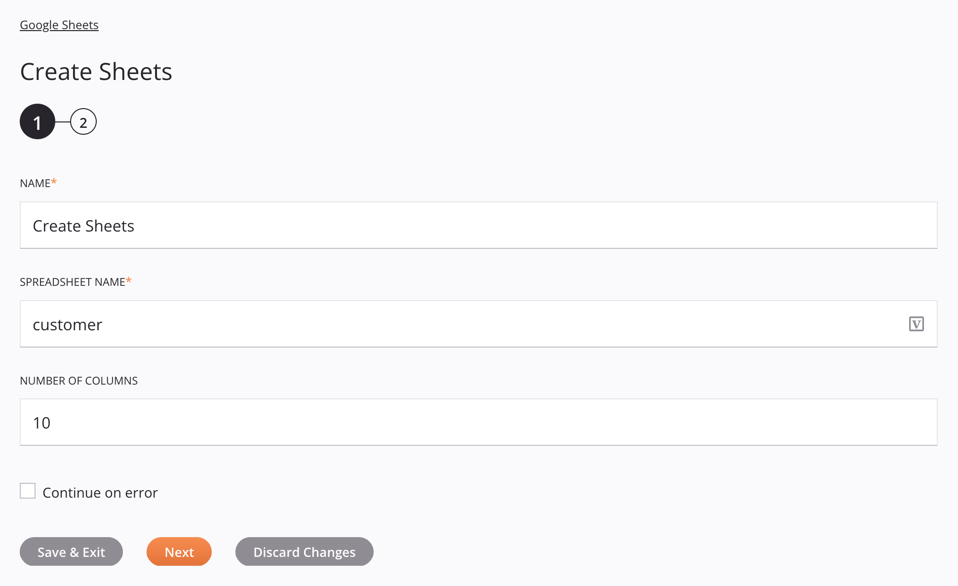 Google Sheets Create Sheets activity configuration step 1