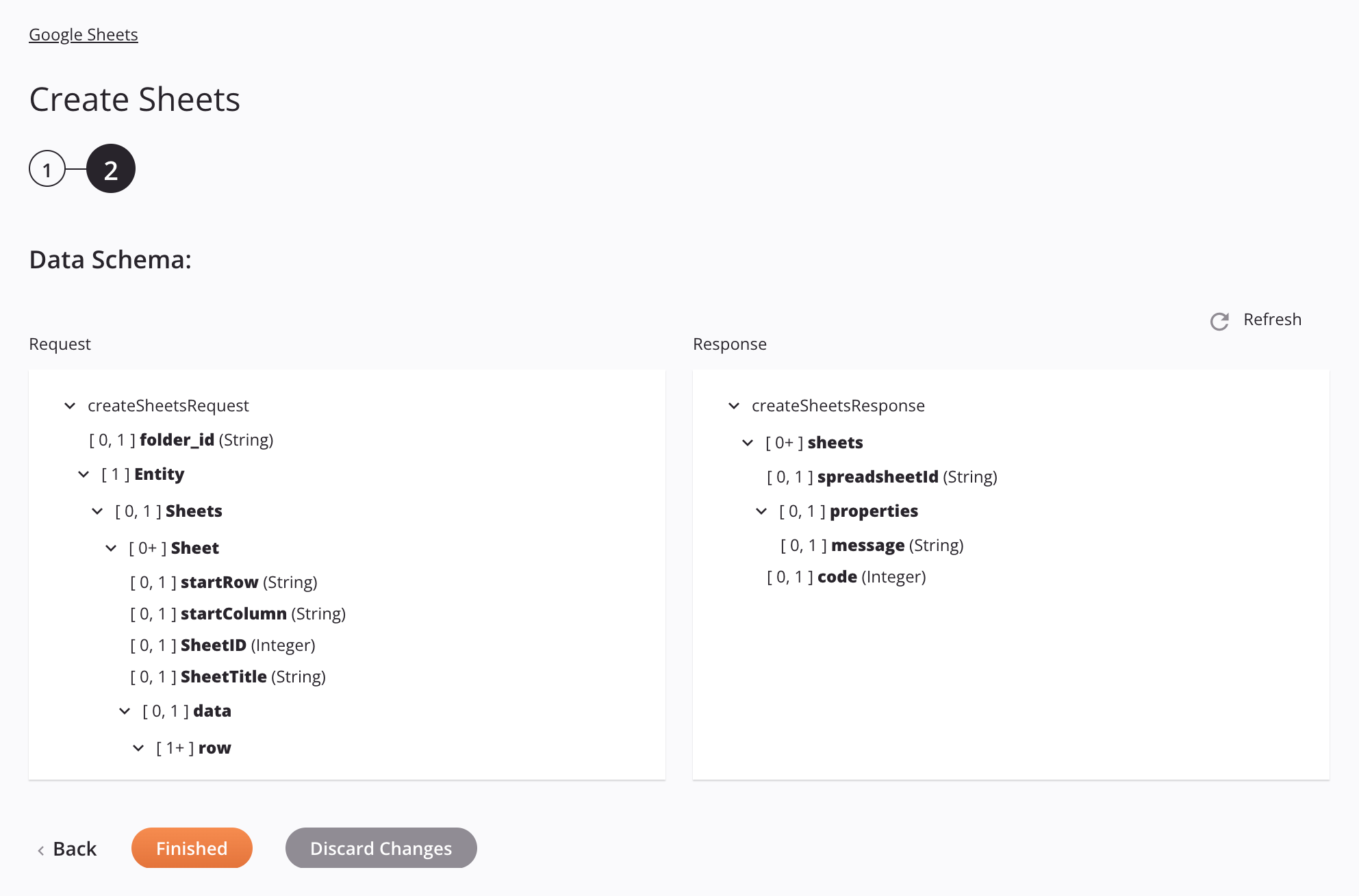 Paso 2 de configuración de la actividad de creación de hojas de cálculo de Google Sheets