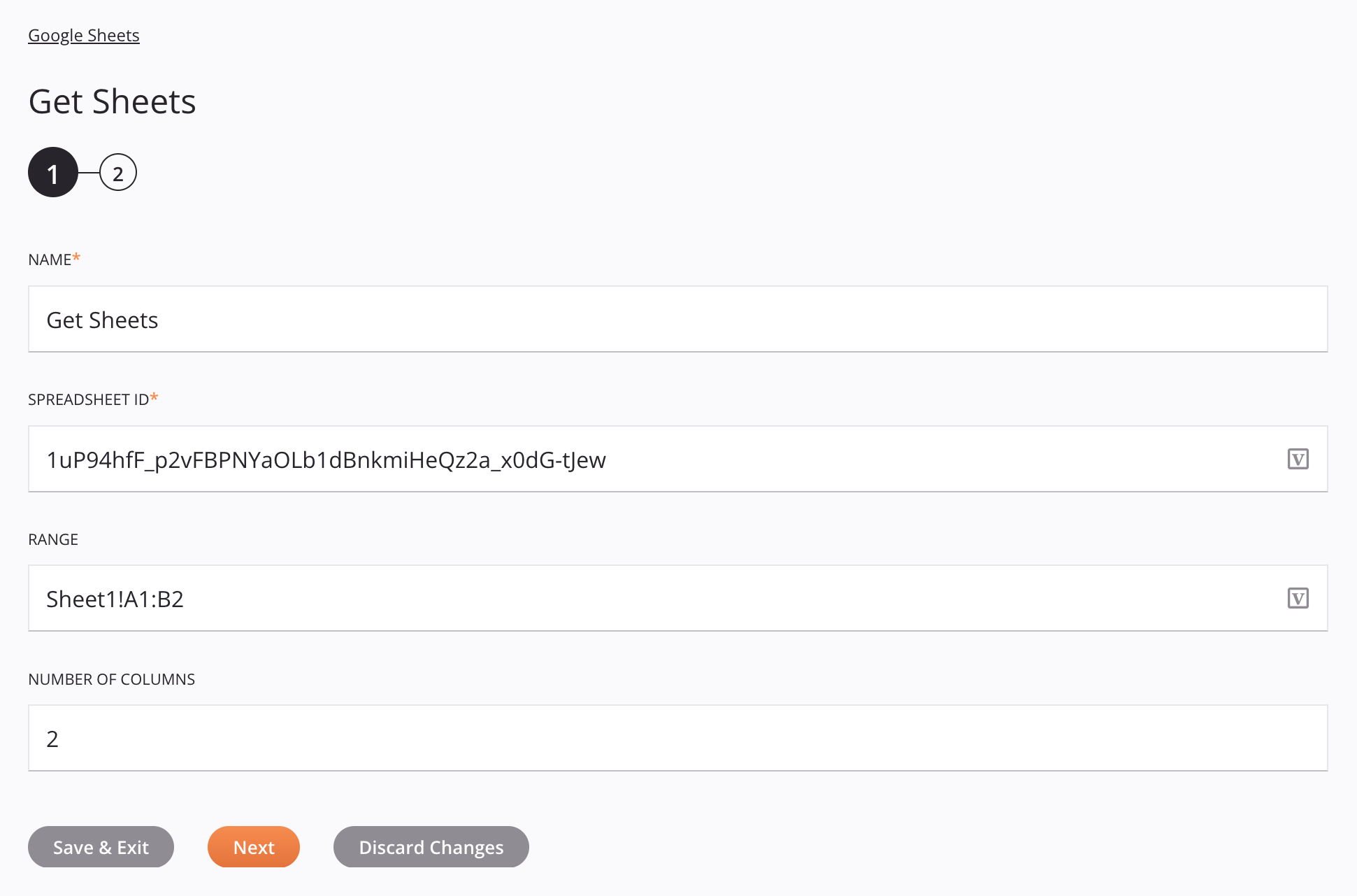 Paso 1 de configuración de la actividad de obtención de hojas de cálculo de Google Sheets