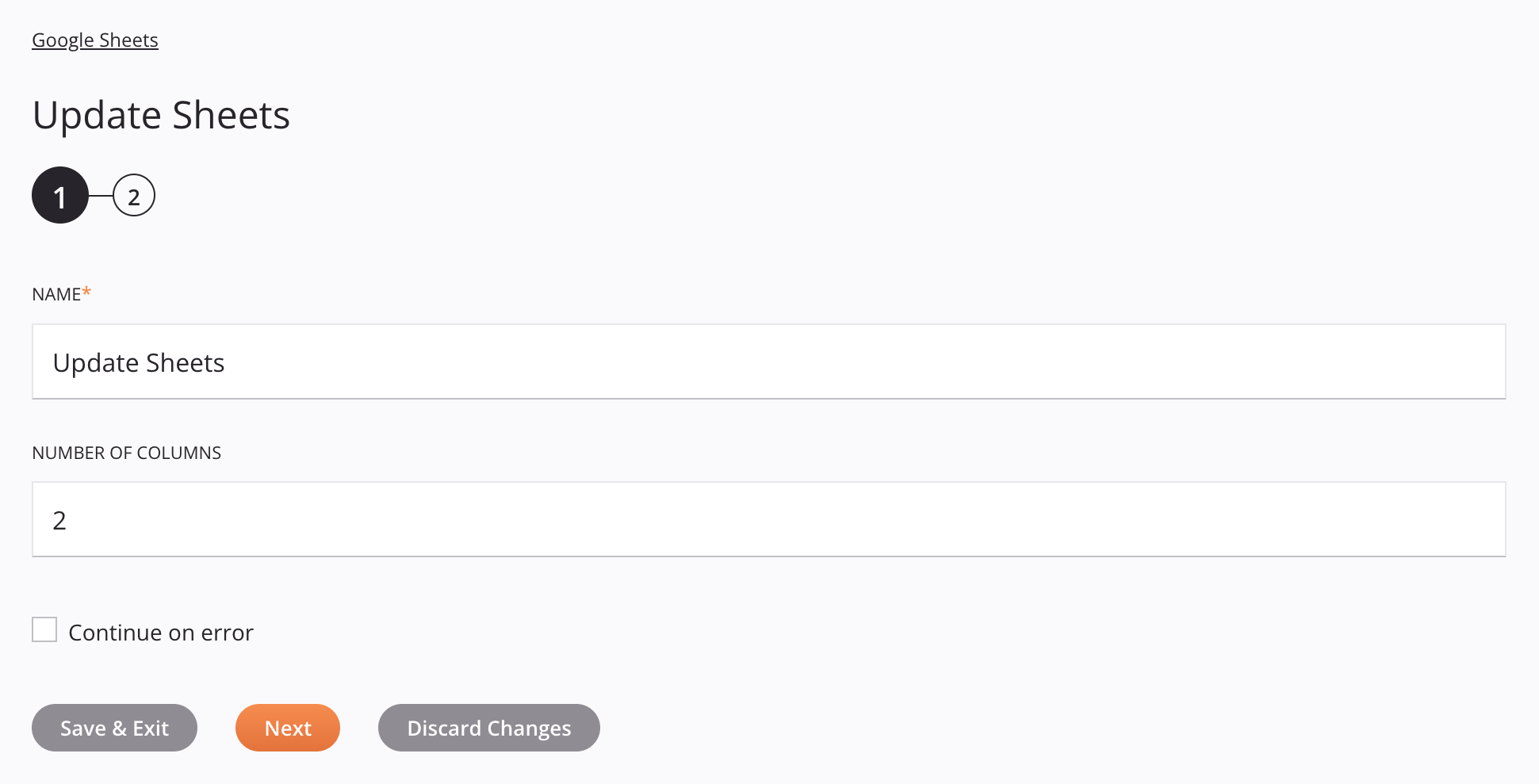 Google Sheets Update Sheets activity configuration step 1