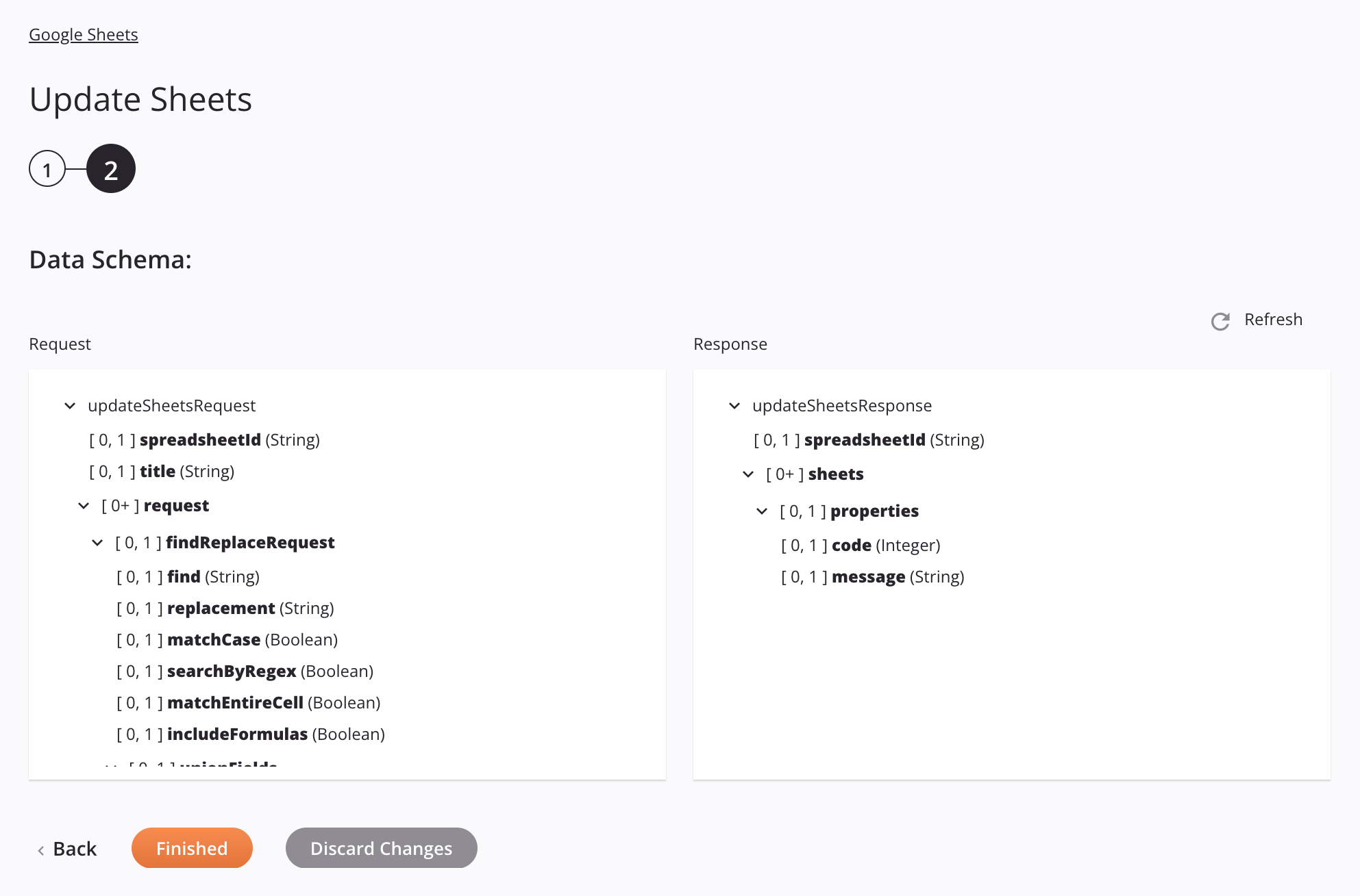 Google Sheets Update Sheets activity configuration step 2