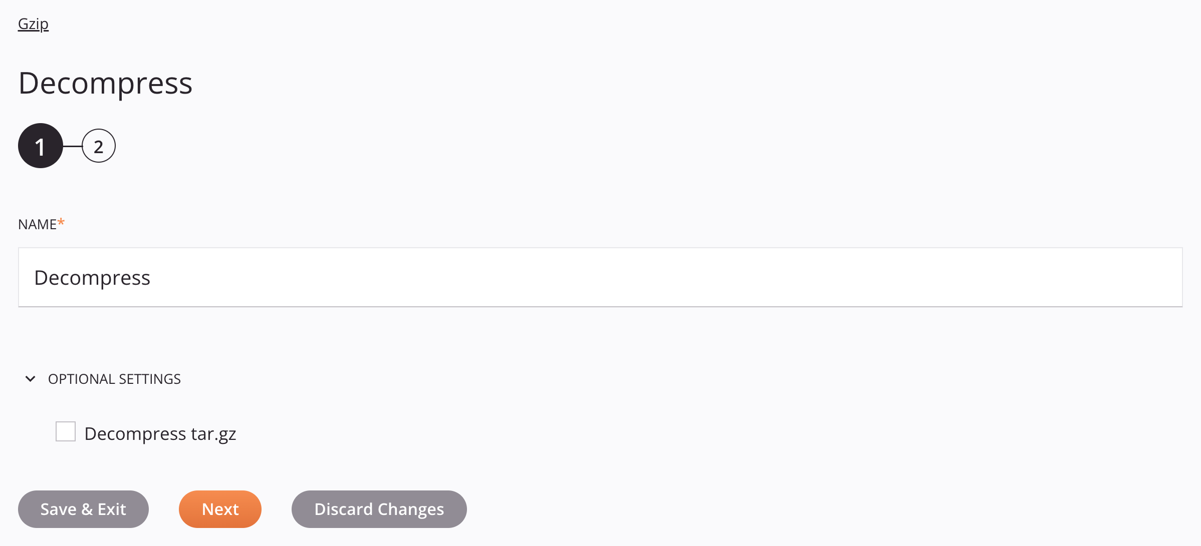 Gzip Decompress Activity Configuration Step 1
