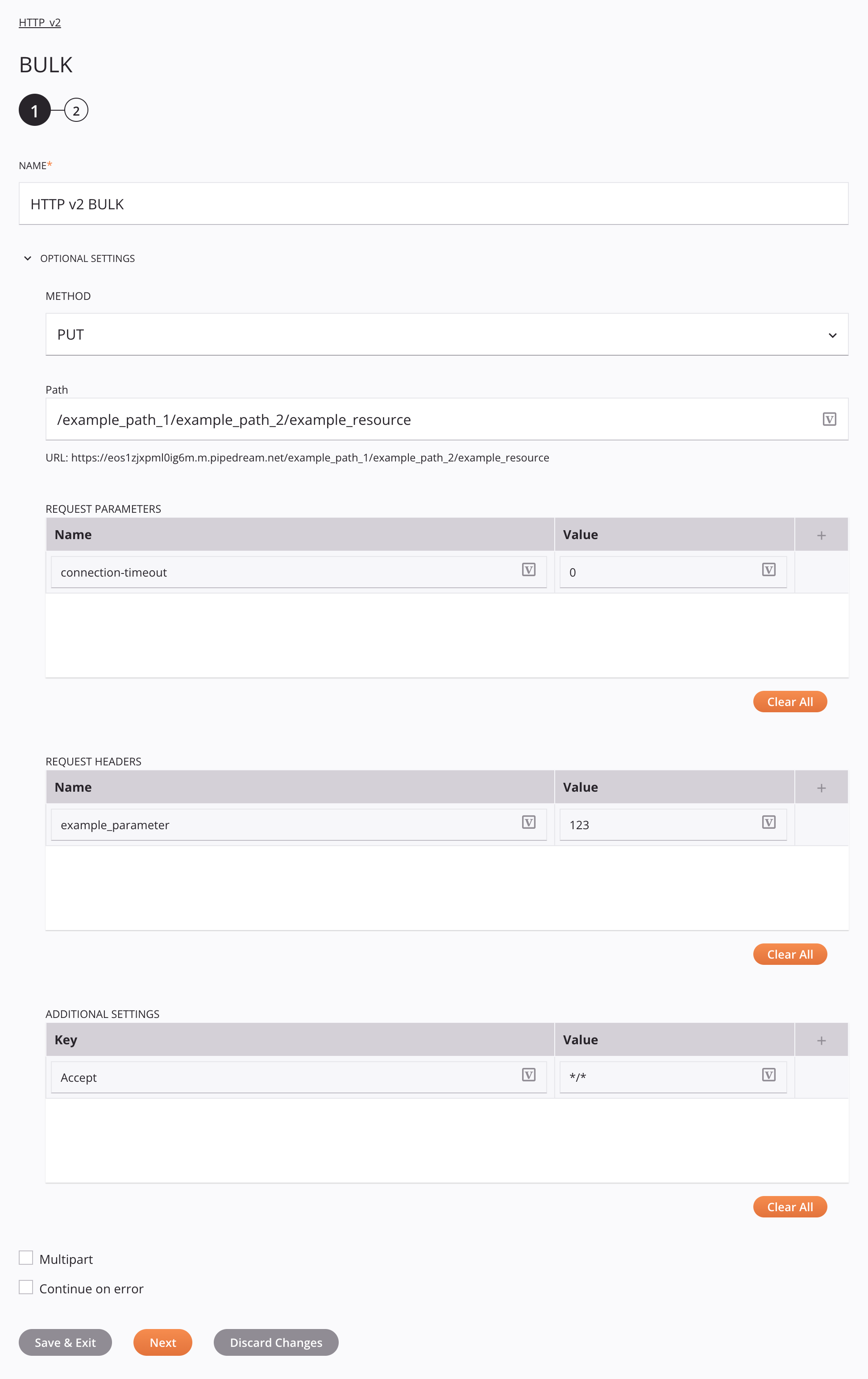 HTTP v2 Bulk activity configuration step 1