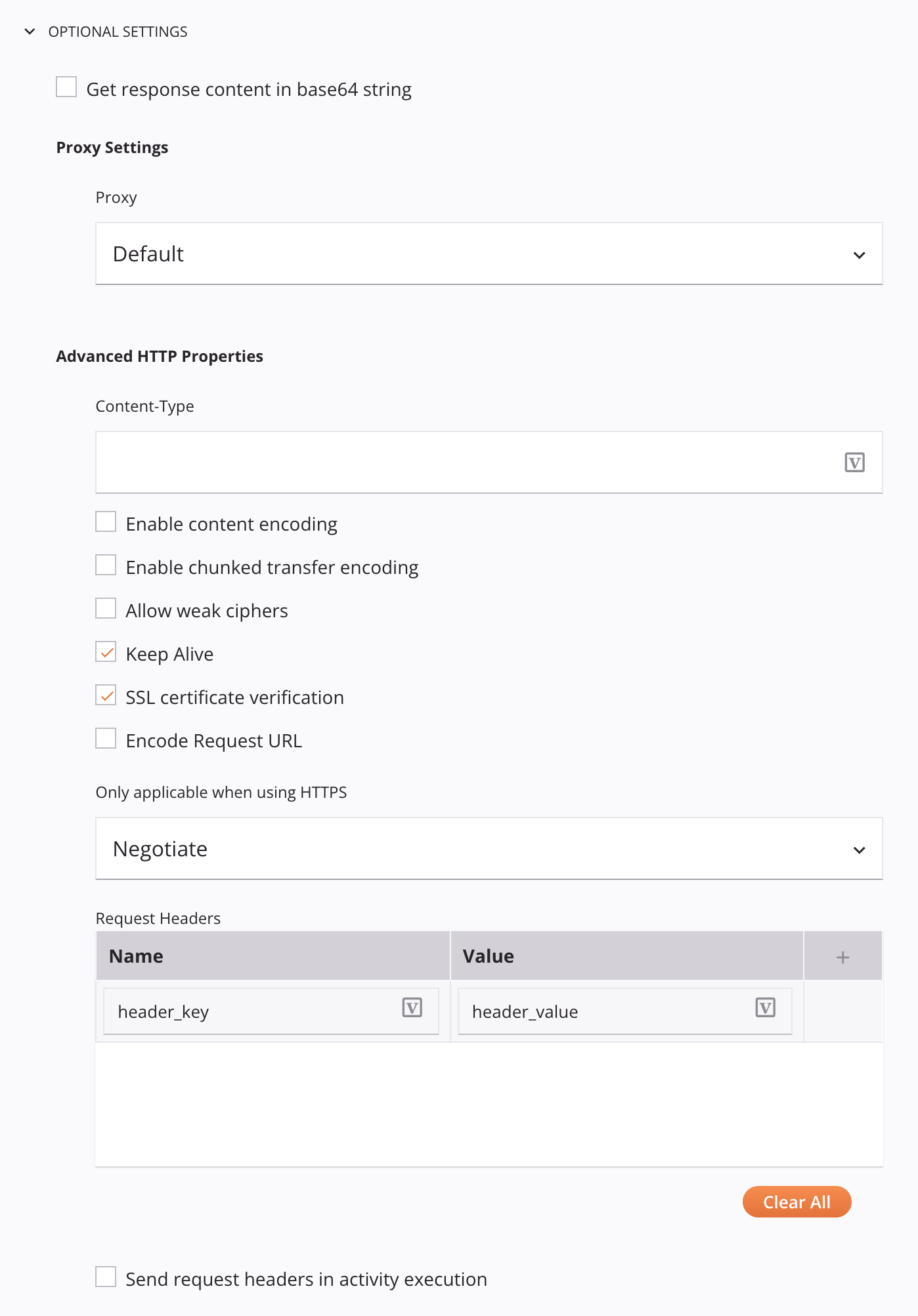 Configurações opcionais de configuração de conexão HTTP v2