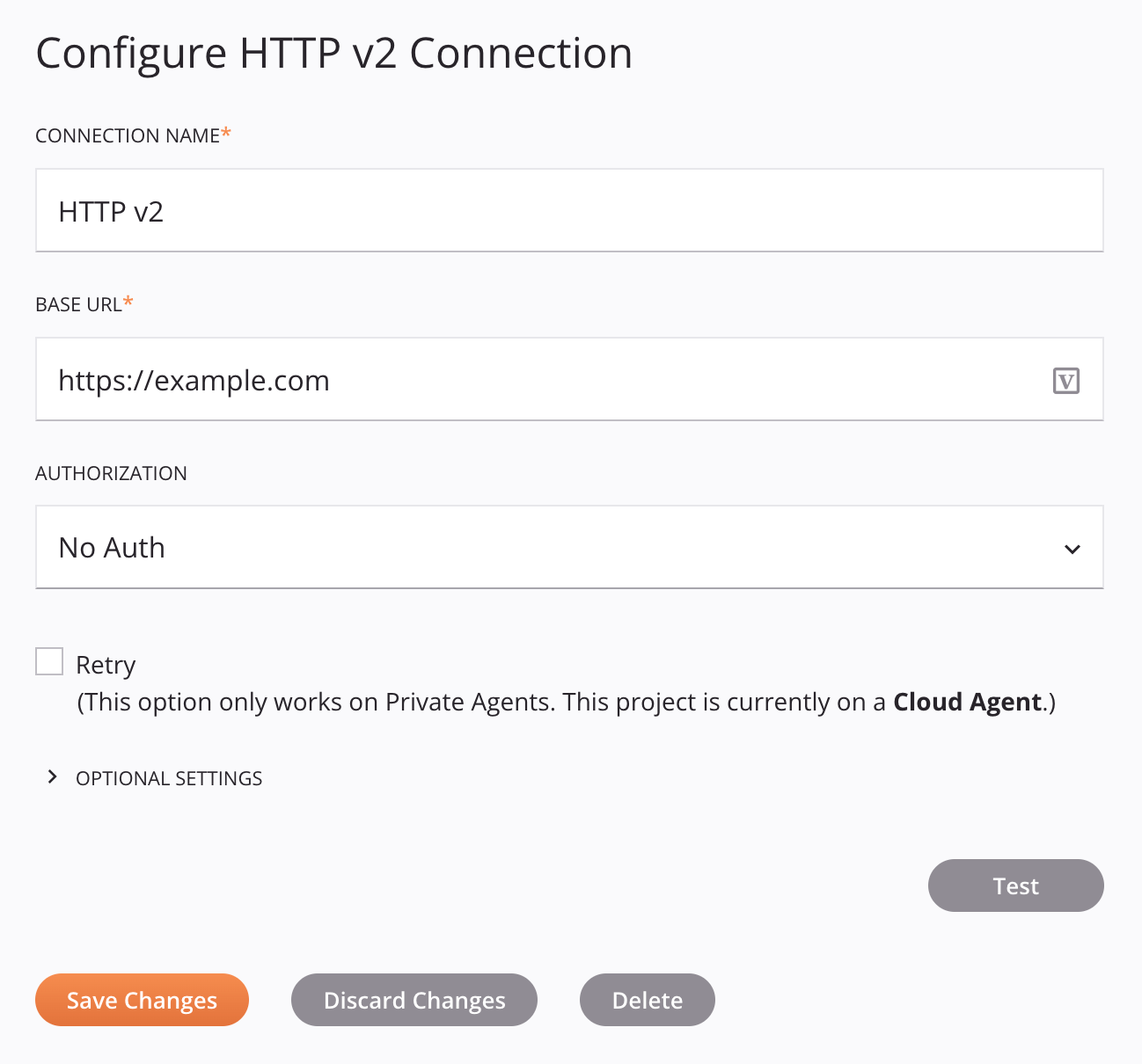 Configuração de conexão HTTP v2