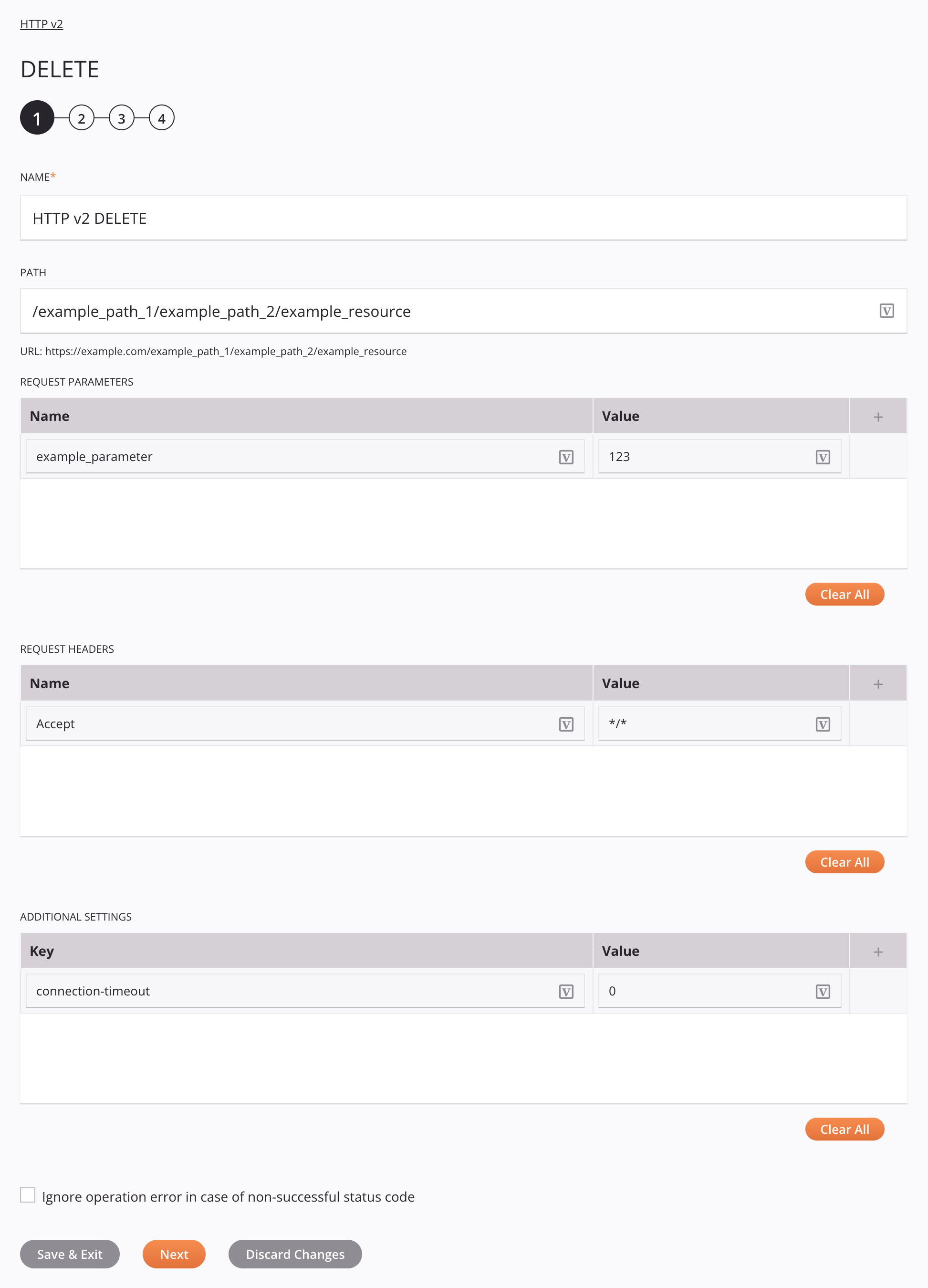 Paso 1 de la configuración de la actividad HTTP v2 DELETE