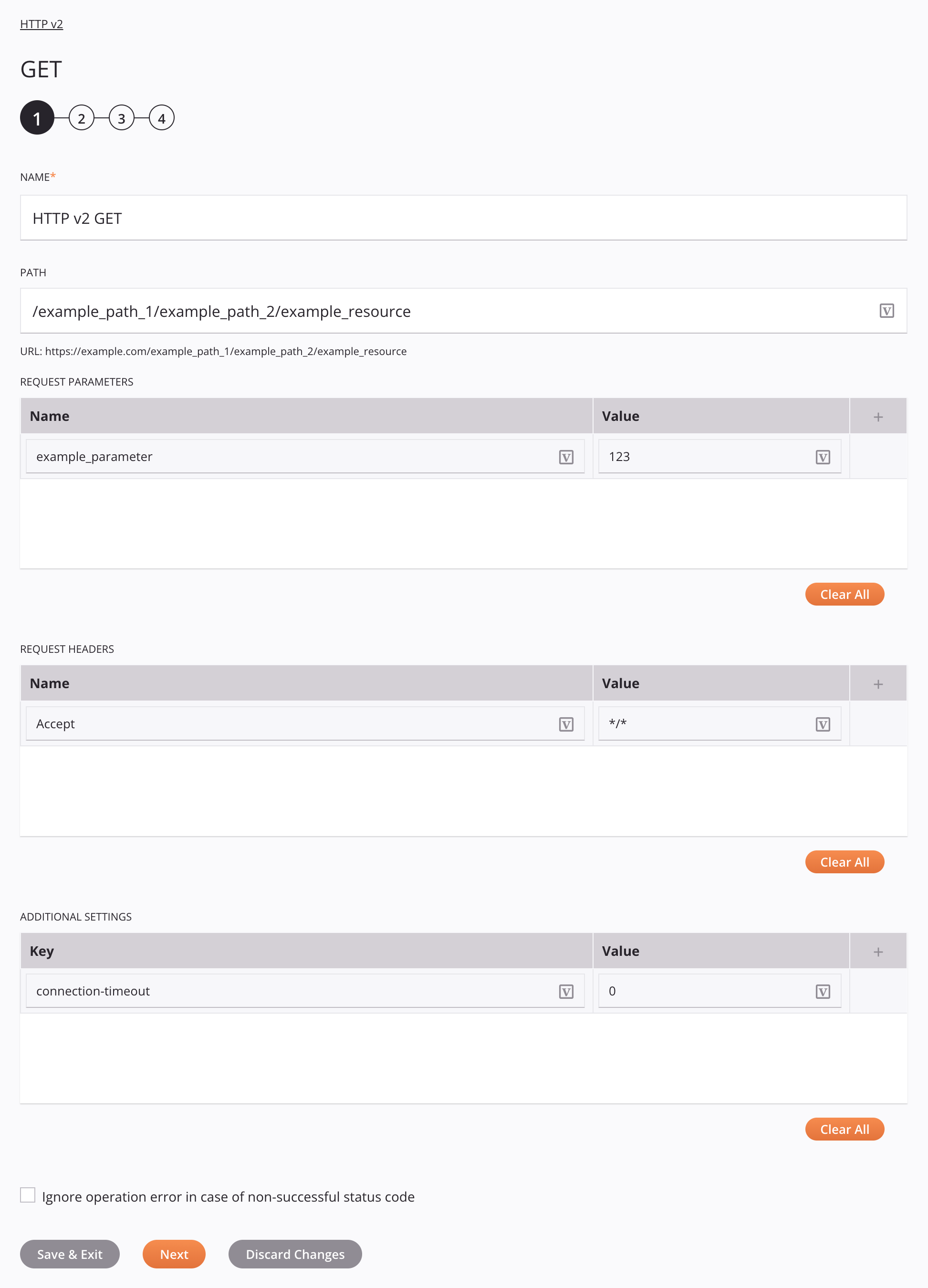 Paso 1 de configuración de la actividad GET de HTTP v2